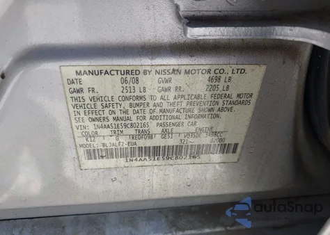 2009 Nissan Maxima S from USA, damaged, VIN 1N4AA51E59C802165